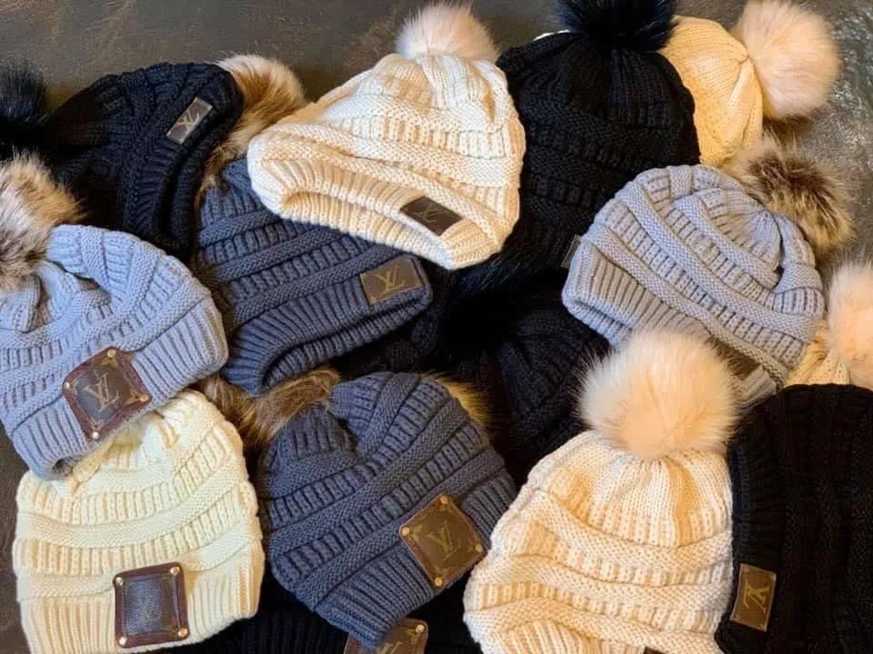 Beanie with LV patch and antique hardware in camel