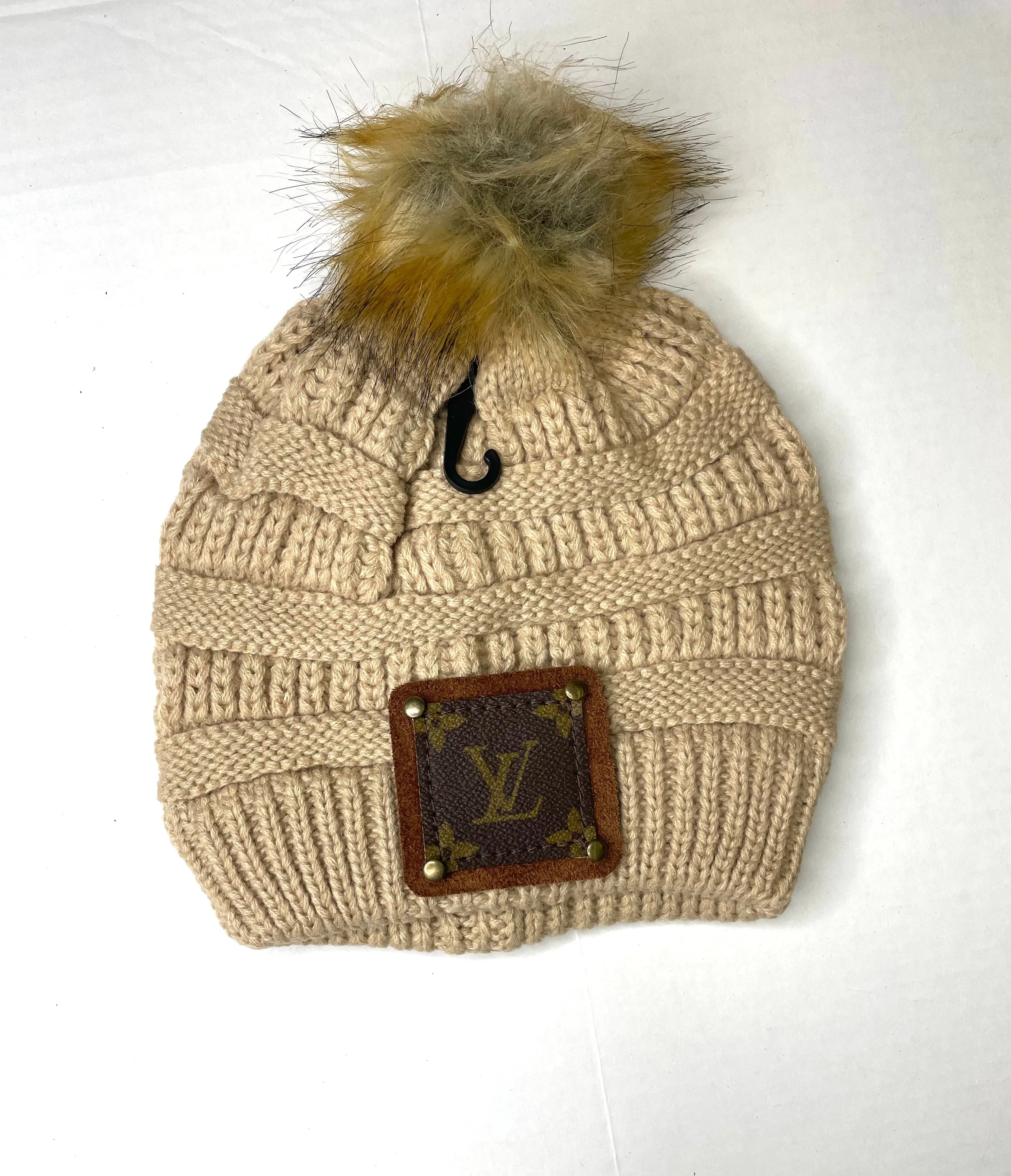 Beanie with LV patch and antique hardware in camel