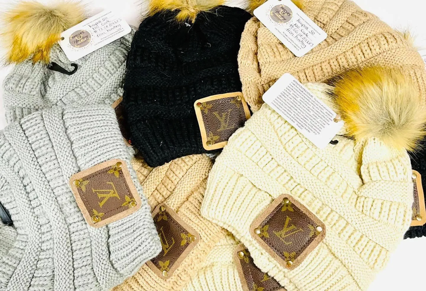 Beanie with LV patch and antique hardware in camel