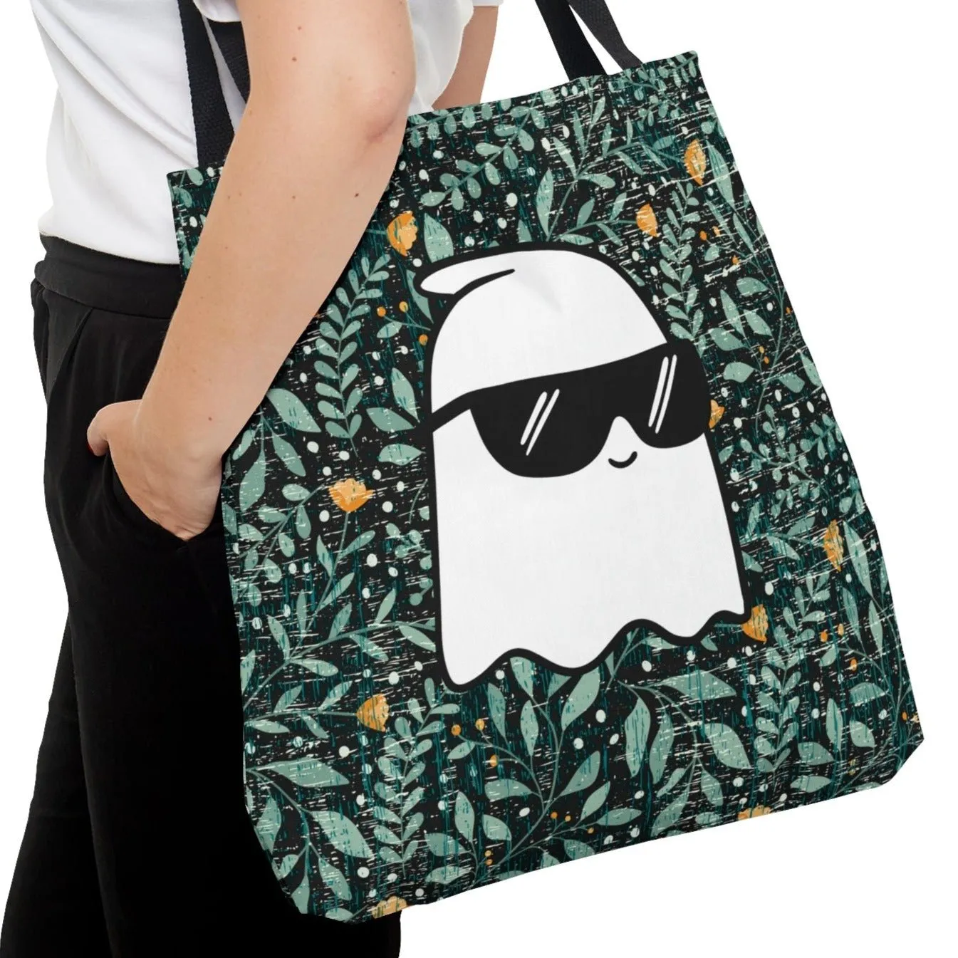 Cute Sunglasses Ghost Large Tote Bag: Fall Floral Charm with a Playful Twist