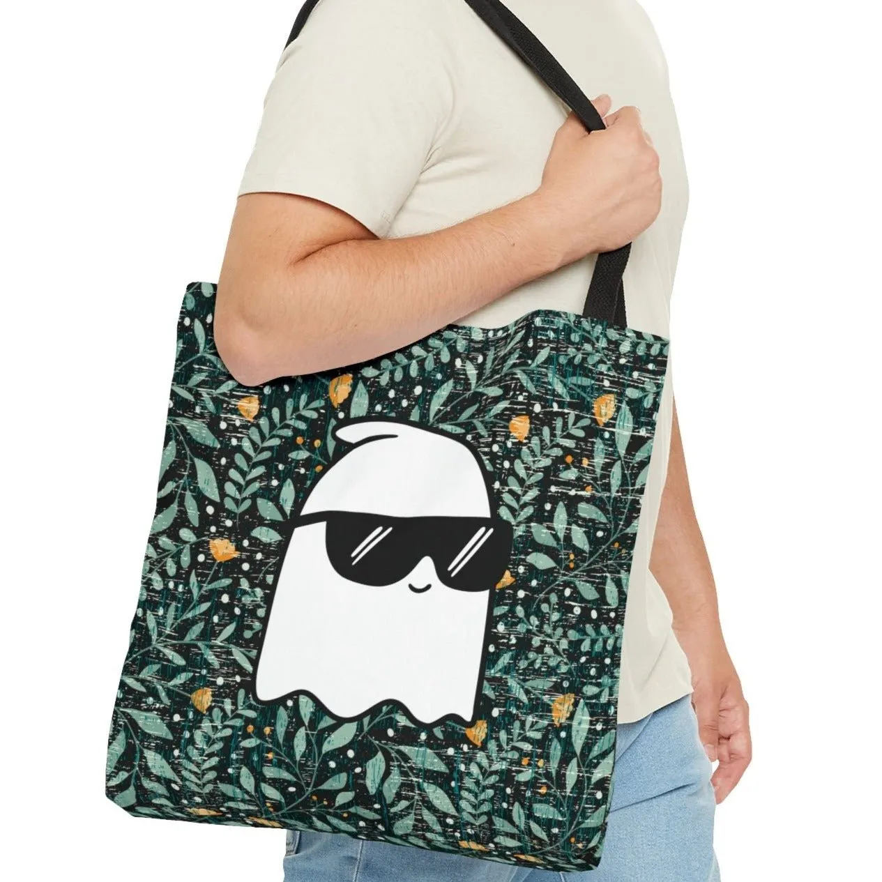 Cute Sunglasses Ghost Large Tote Bag: Fall Floral Charm with a Playful Twist