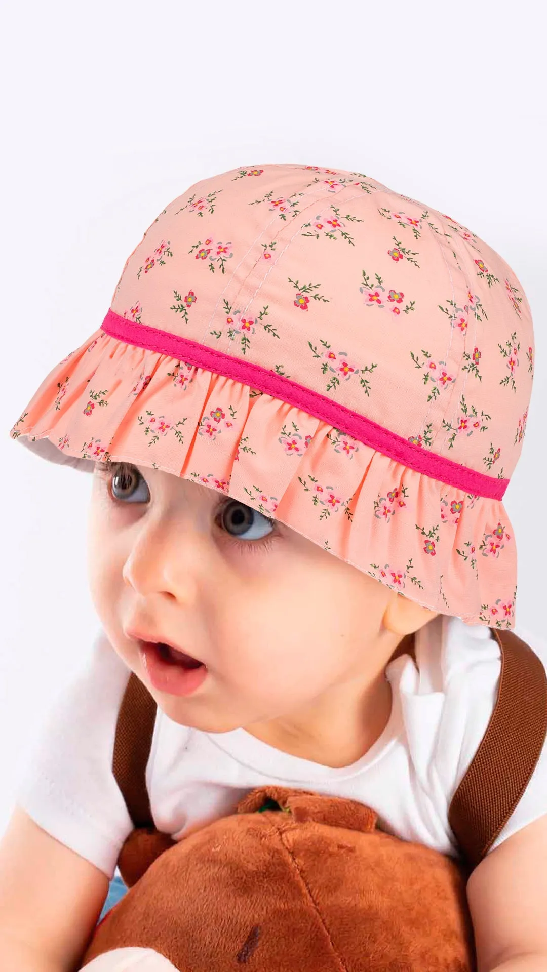 Infant Girl's Bucket Hat, Lime and Pink Cotton Floral Print Hat, Dainty Sun Hat, 0-18 Months