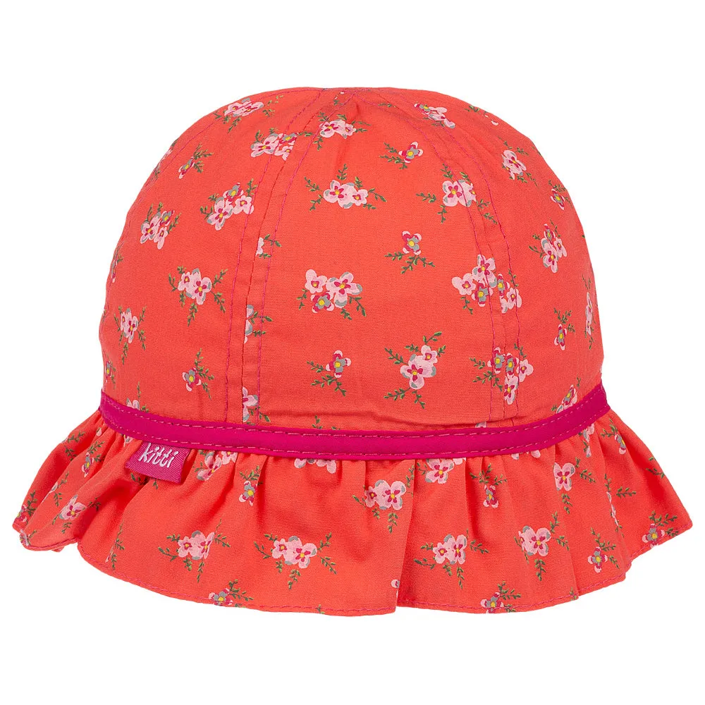 Infant Girl's Bucket Hat, Lime and Pink Cotton Floral Print Hat, Dainty Sun Hat, 0-18 Months