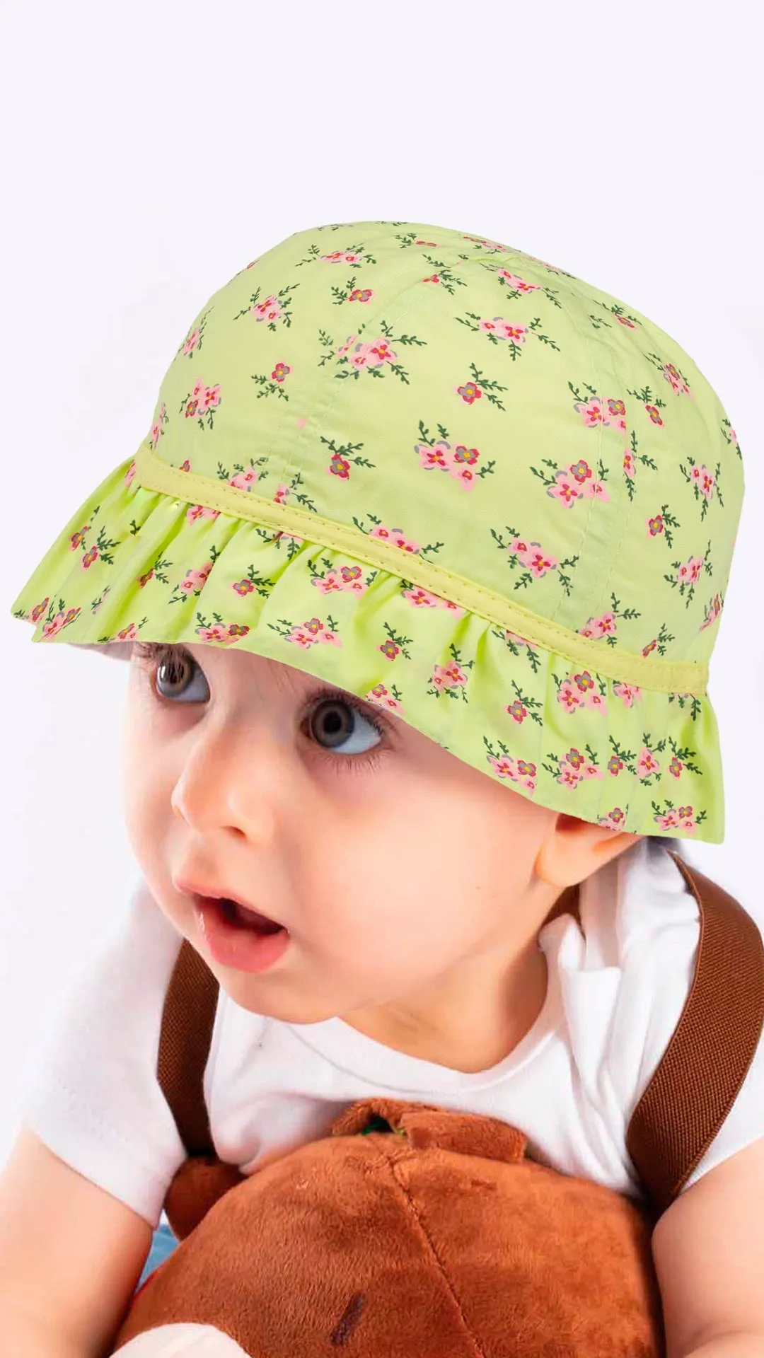 Infant Girl's Bucket Hat, Lime and Pink Cotton Floral Print Hat, Dainty Sun Hat, 0-18 Months