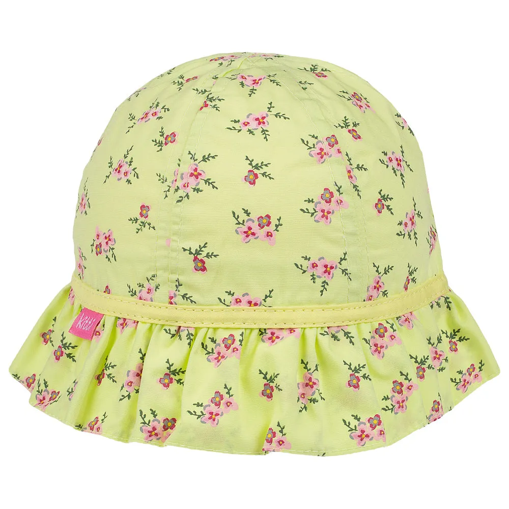 Infant Girl's Bucket Hat, Lime and Pink Cotton Floral Print Hat, Dainty Sun Hat, 0-18 Months