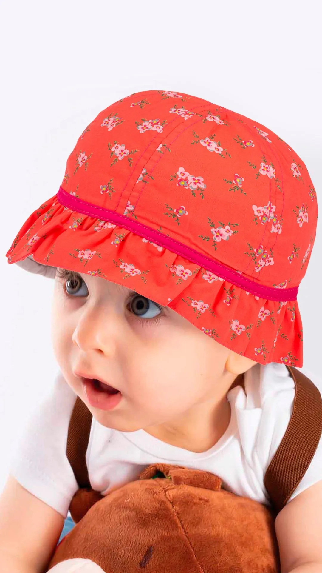 Infant Girl's Bucket Hat, Lime and Pink Cotton Floral Print Hat, Dainty Sun Hat, 0-18 Months