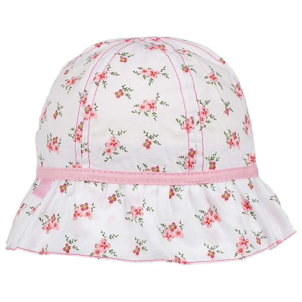 Infant Girl's Bucket Hat, Lime and Pink Cotton Floral Print Hat, Dainty Sun Hat, 0-18 Months