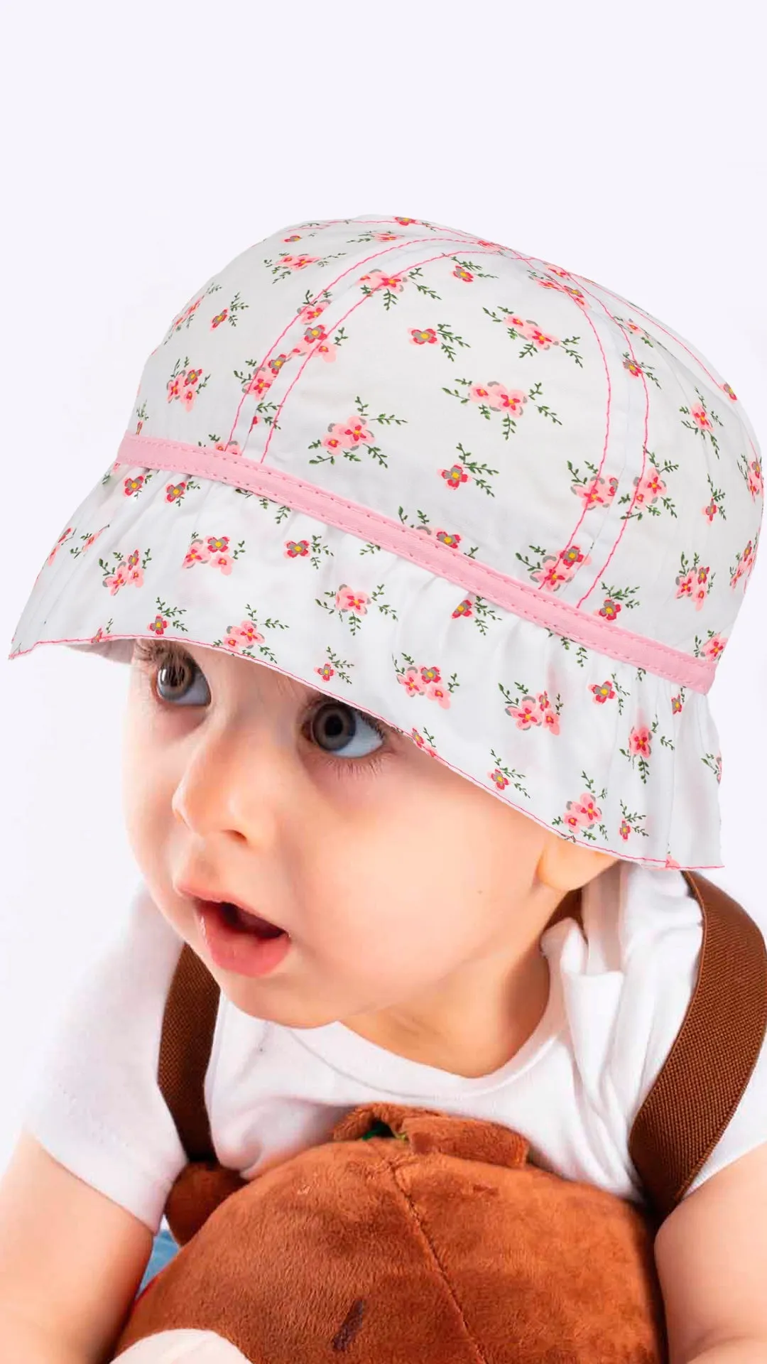 Infant Girl's Bucket Hat, Lime and Pink Cotton Floral Print Hat, Dainty Sun Hat, 0-18 Months