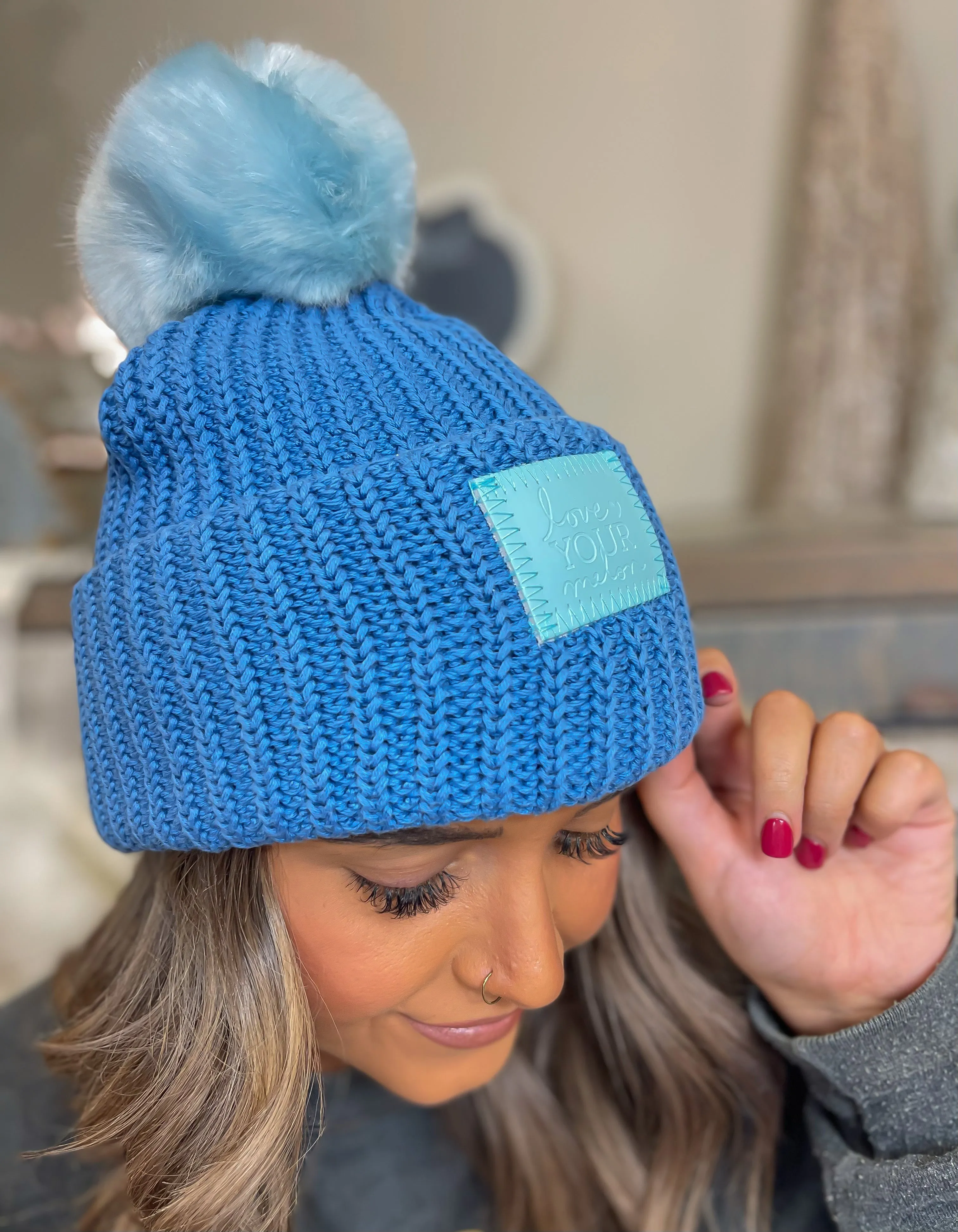 Love Your Melon Soft Blue Monochrome Pom Beane