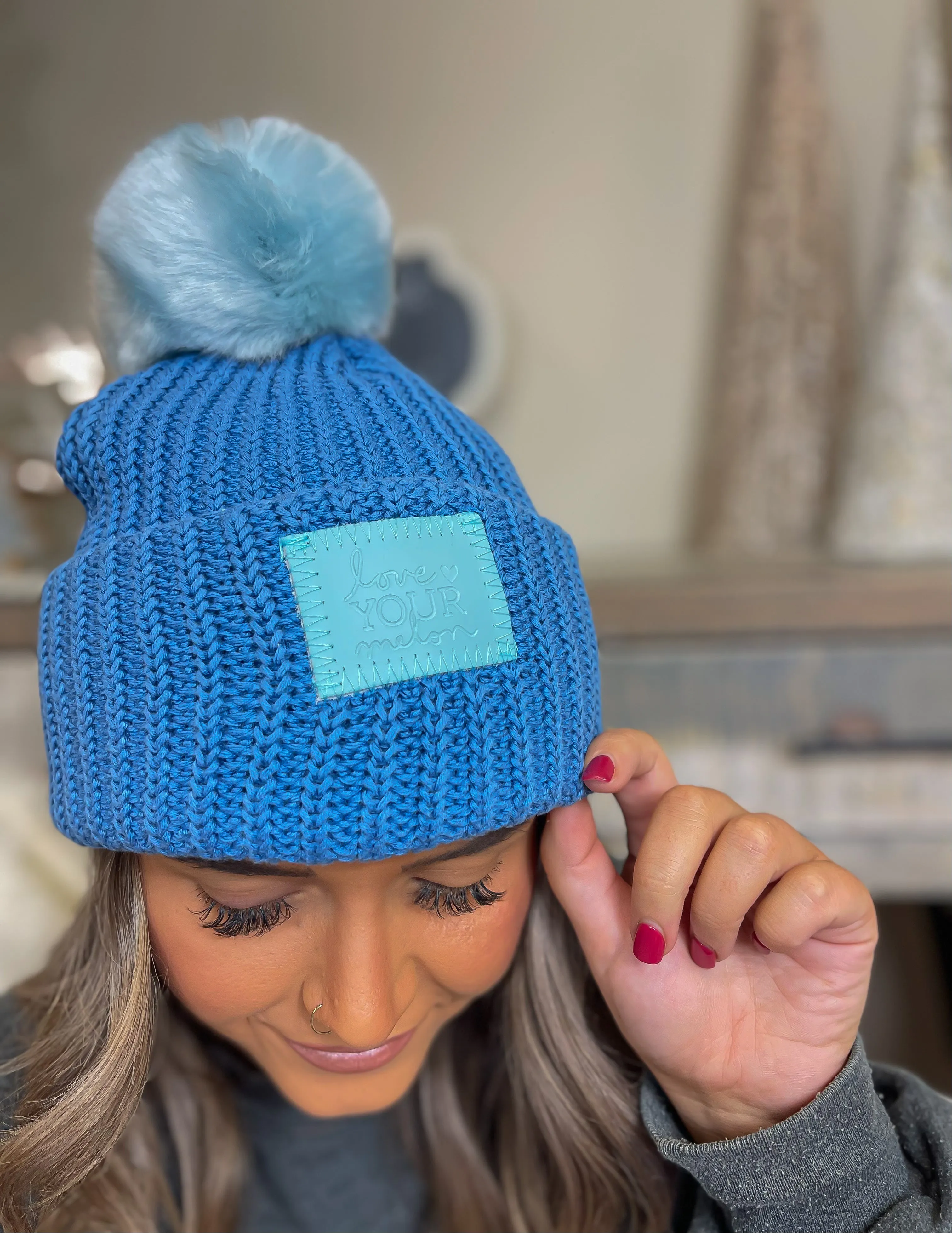 Love Your Melon Soft Blue Monochrome Pom Beane