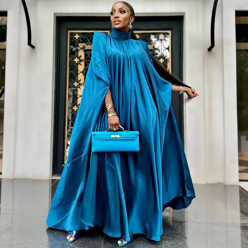 Women Wear High Collar Loose Large Swing Djellaba Satin Dress Women Clothing