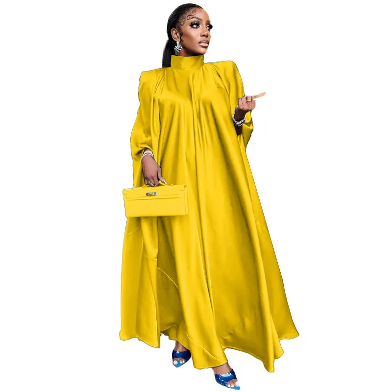 Women Wear High Collar Loose Large Swing Djellaba Satin Dress Women Clothing