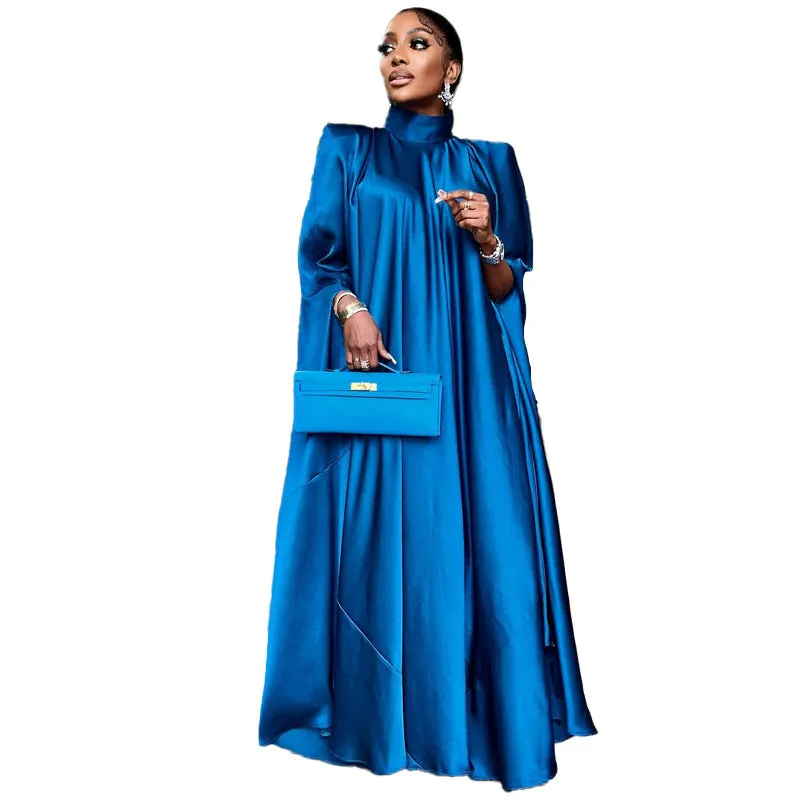 Women Wear High Collar Loose Large Swing Djellaba Satin Dress Women Clothing