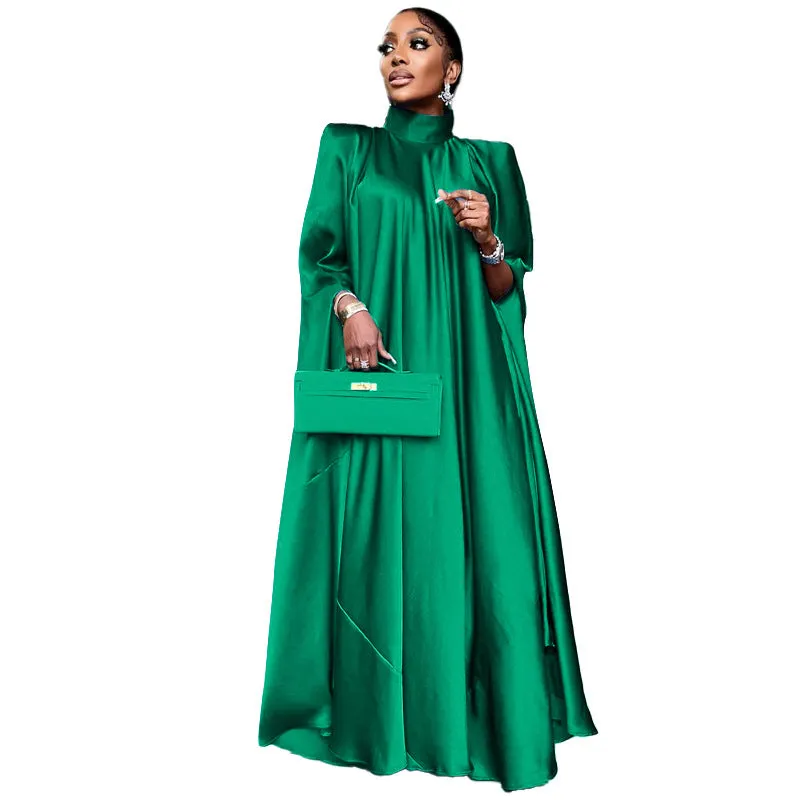 Women Wear High Collar Loose Large Swing Djellaba Satin Dress Women Clothing