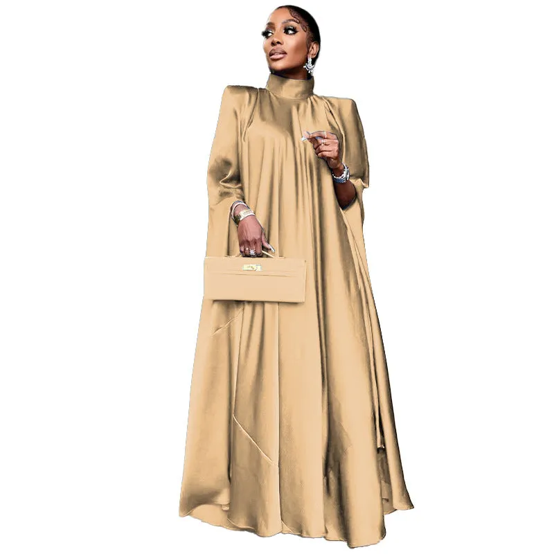 Women Wear High Collar Loose Large Swing Djellaba Satin Dress Women Clothing