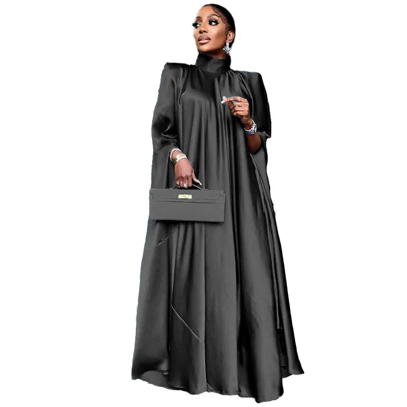 Women Wear High Collar Loose Large Swing Djellaba Satin Dress Women Clothing