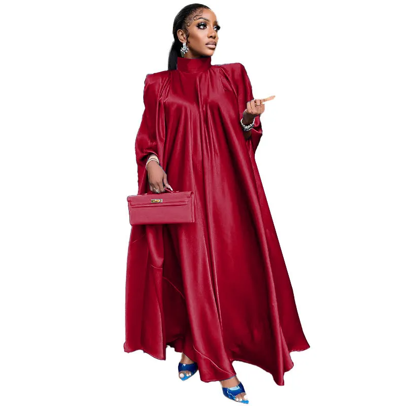 Women Wear High Collar Loose Large Swing Djellaba Satin Dress Women Clothing